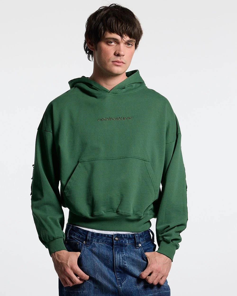 DISTRESS CURVED HOODIE GREEN - Image 3