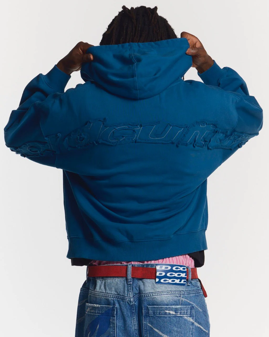 DISTRESS CURVED ZIP HOODIE DARK BLUE - Image 3