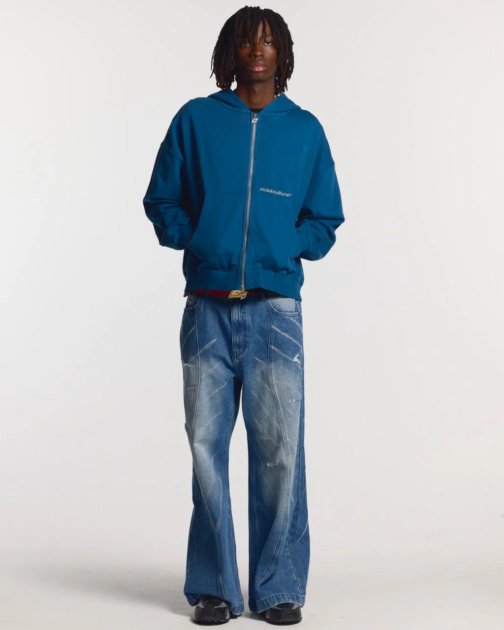DISTRESS CURVED ZIP HOODIE DARK BLUE - Image 4