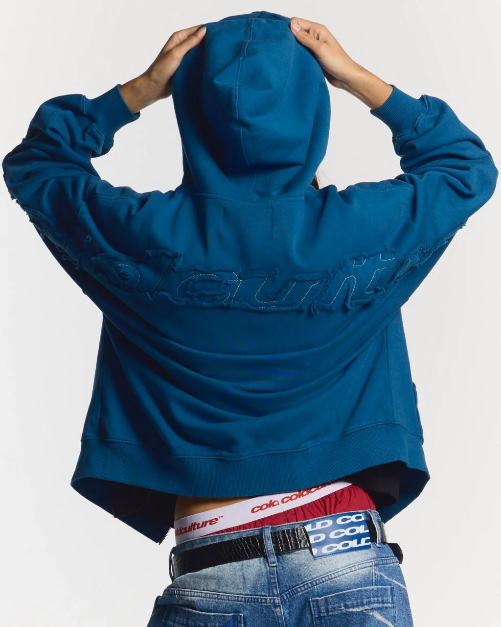 DISTRESS CURVED ZIP HOODIE DARK BLUE - Image 5