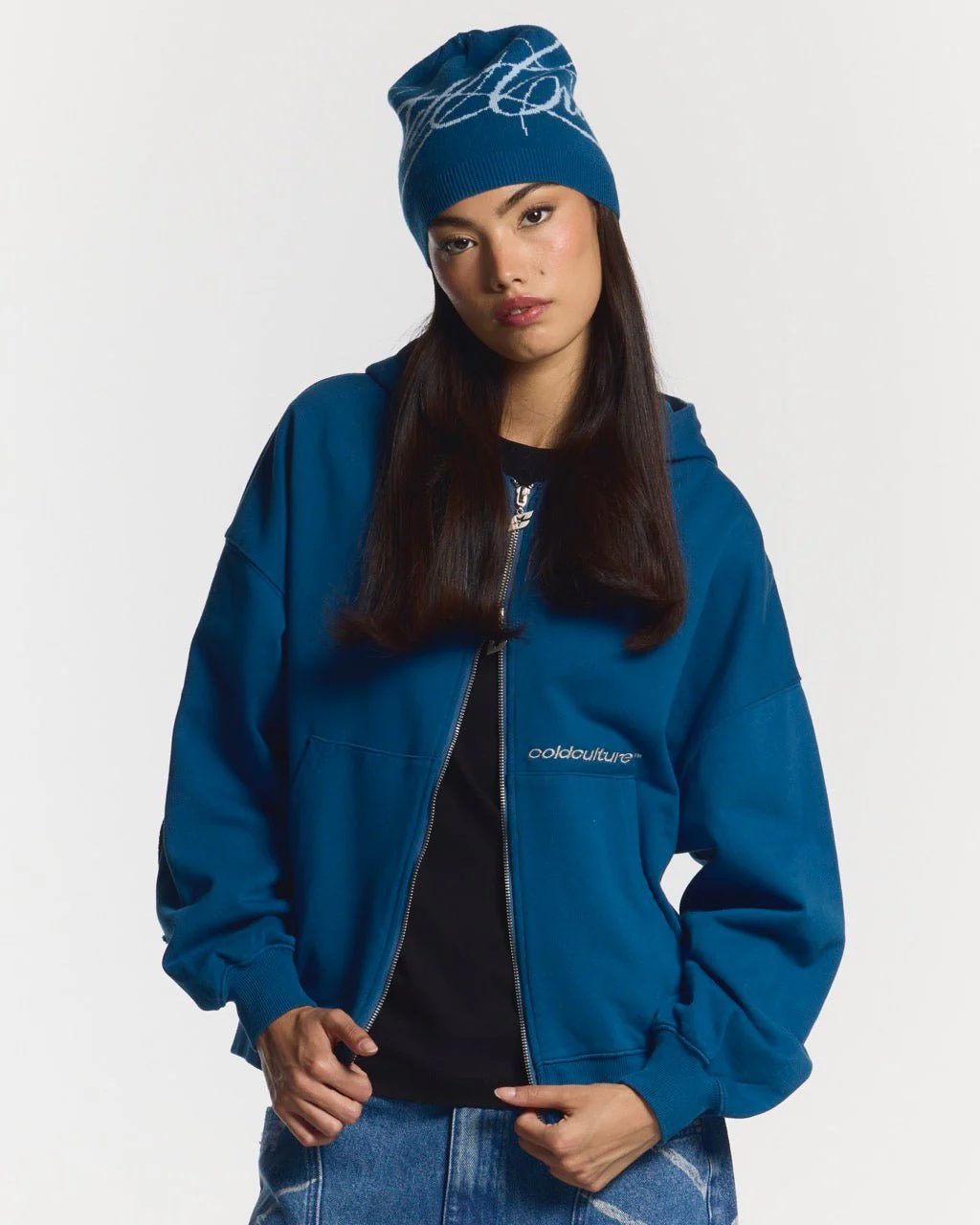 DISTRESS CURVED ZIP HOODIE DARK BLUE - Image 6