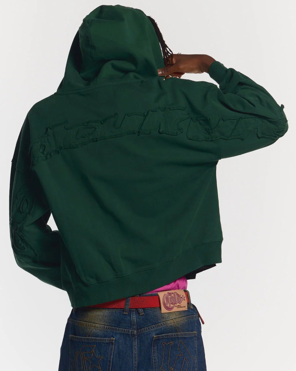 DISTRESS CURVED ZIP HOODIE GREEN - Image 3