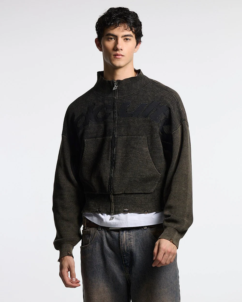 DISTRESS CURVED ZIP KNIT BLACK - Image 2