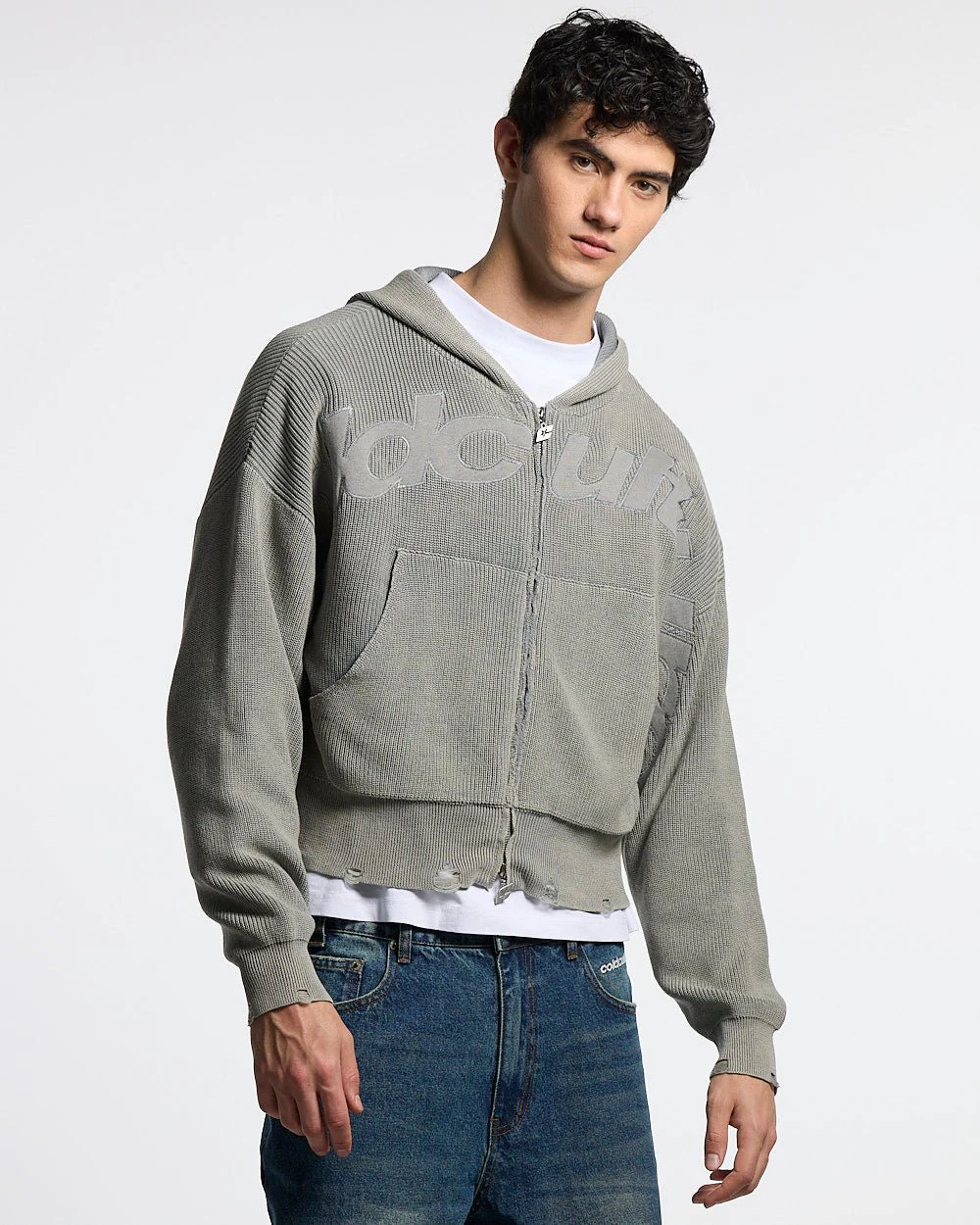 DISTRESS CURVED ZIP KNIT HOODIE GREY - Image 2