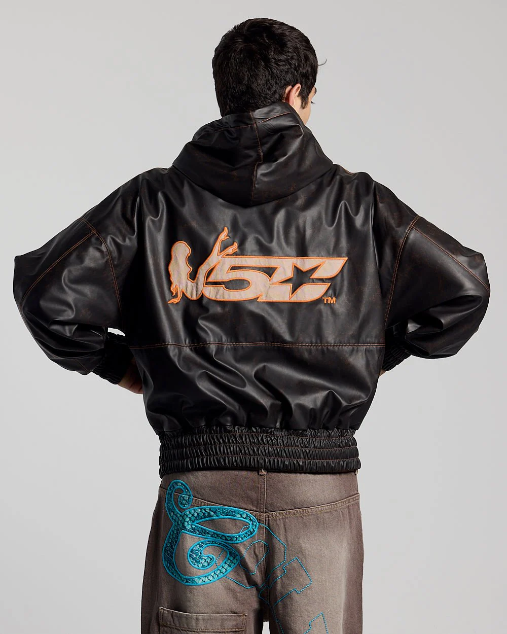 FAUX LEATHER ZIP HOODIE BROWN - Image 3