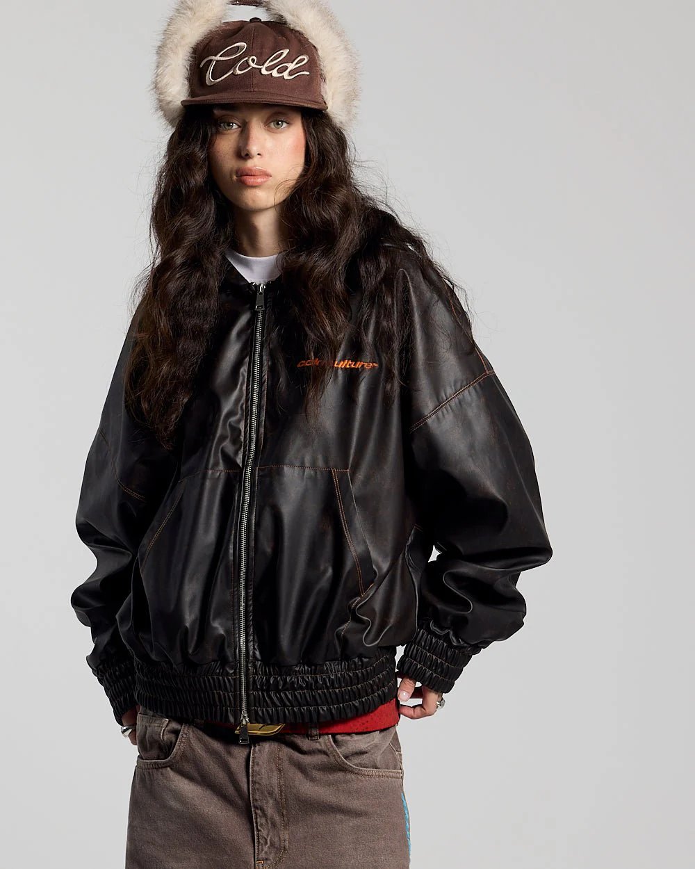 FAUX LEATHER ZIP HOODIE BROWN - Image 6