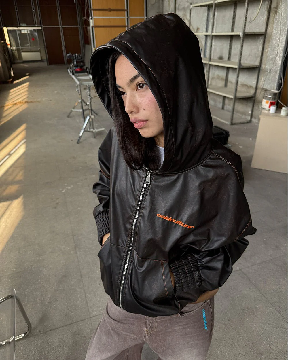 FAUX LEATHER ZIP HOODIE BROWN - Image 7