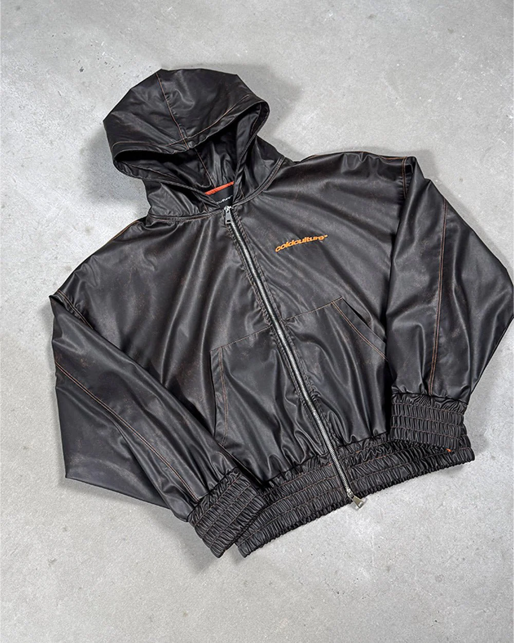 FAUX LEATHER ZIP HOODIE BROWN - Image 9