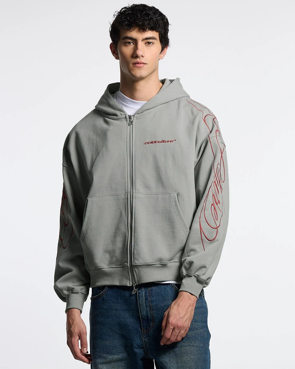 NEW SCRIPT ZIP HOODIE GREY & RED - Image 2