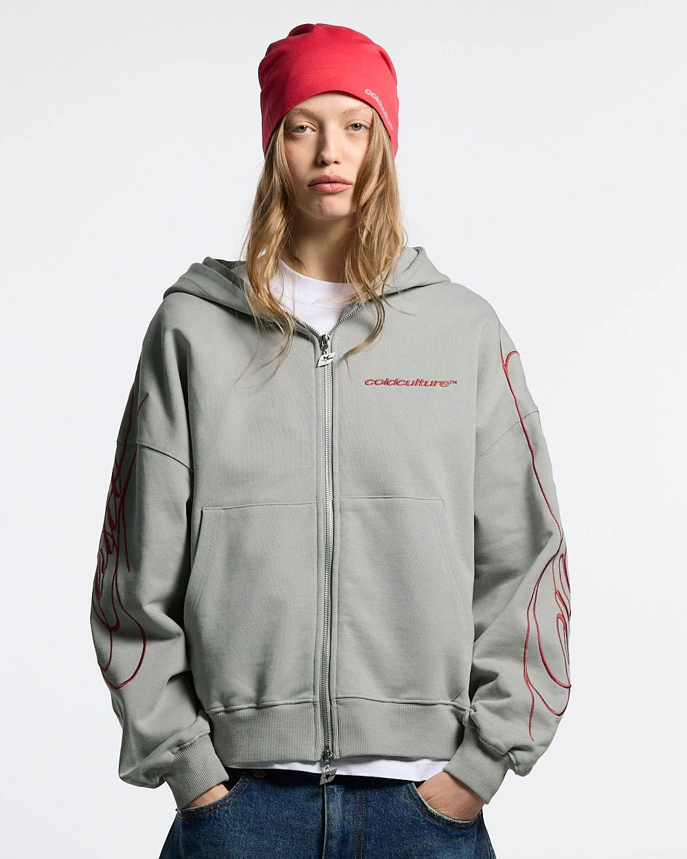 NEW SCRIPT ZIP HOODIE GREY & RED - Image 6