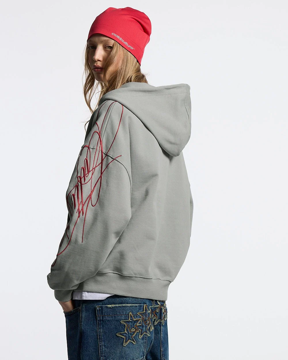 NEW SCRIPT ZIP HOODIE GREY & RED - Image 8