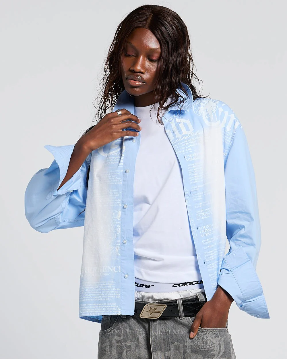 NEWSPAPER LONGSLEEVE SHIRT BABY BLUE - Image 5
