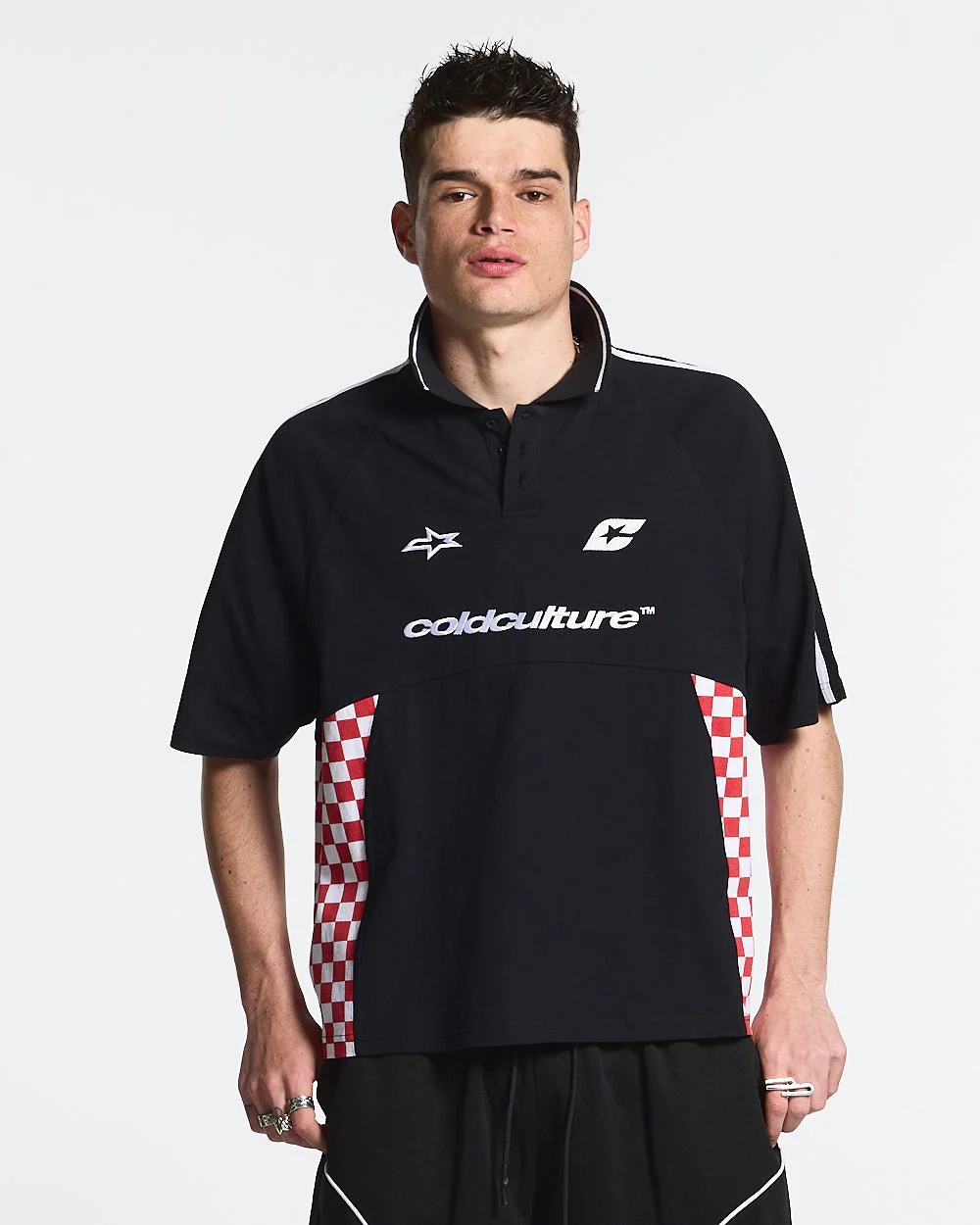 RED CHESS POLO TSHIRT BLACK - Image 3