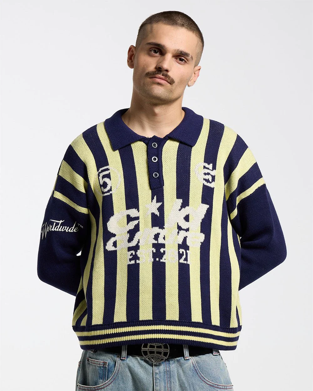 STRUCTURE COLLAR SWEATSHIRT KNIT BLUE/YELLOW - Image 3