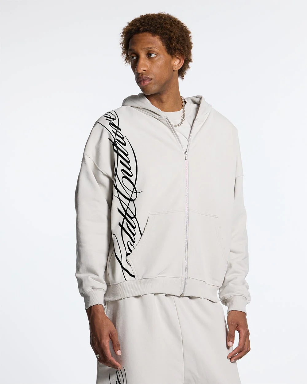 SCRIPT ZIP HOODIE LIGHT GREY - Image 3